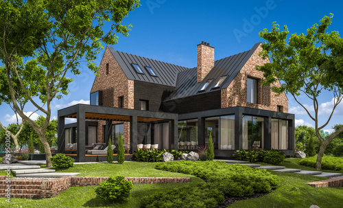 3d rendering of modern cozy clinker house on the ponds with garage and pool for sale or rent with beautiful landscaping on background. Clear sunny summer day with blue sky.