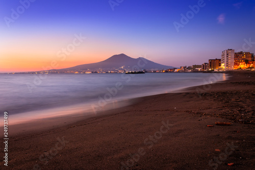 Sunset from a beach in Castellammare di Stabia and Mount Vesuvius and the Bay of Naples, Naples (Napoli), Italy, Europe