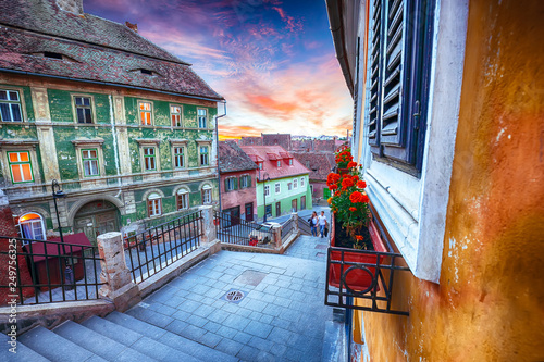 Fantastic sunset on Ocnei street neat to the Small Square in Sibiu