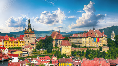 Panoramic view over the cityscape architecture in Sighisoara town