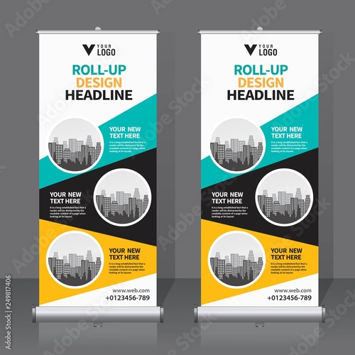 Roll up banner design template, vertical, abstract background, pull up design, modern x-banner, rectangle size. 