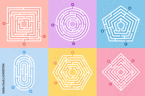 Labyrinth game. Maze conundrum, labyrinth way rebus and many entrance riddle vector concept illustration set