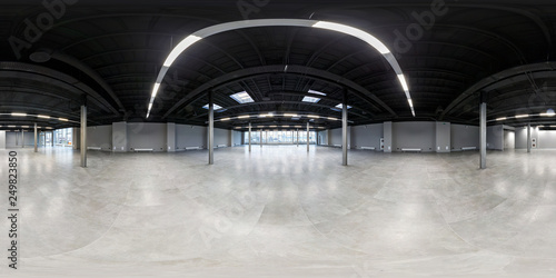  Empty room without repair. full seamless spherical hdri panorama 360 degrees in interior of white loft room for office with panoramic windows in equirectangular projection