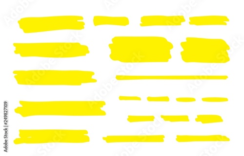 Highlight marker line. Brush pen underline stroke, yellow hand drawn color graphic shape. Vector permanent marker lines