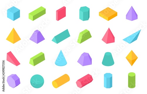 Isometric shapes. 3D geometric form, flat geometry polygon objects such as prism pyramid cylinder sphere. Vector isometric set