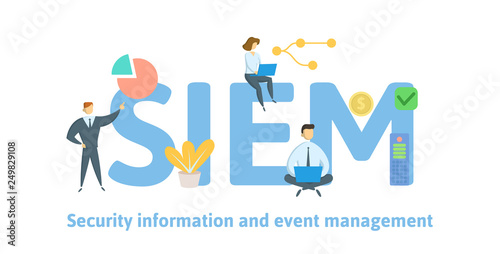 SIEM, Security information and event management. Concept with keywords, letters and icons. Colored flat vector illustration. Isolated on white background.