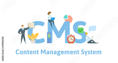 CMS, content management system. Concept with keywords, letters and icons. Colored flat vector illustration. Isolated on white background.