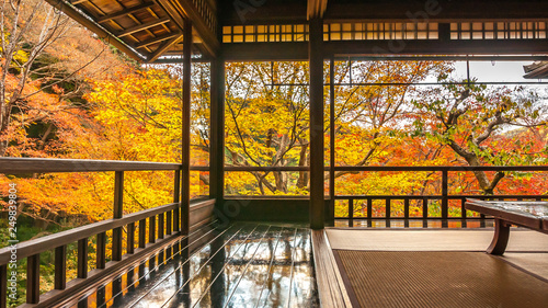 Landscape view of the vibrant and beautiful 'Ruri no Niwa' as seen from the second floor of the two-storey building in Rurikoin during the peak autumn foliage season in Kyoto City.