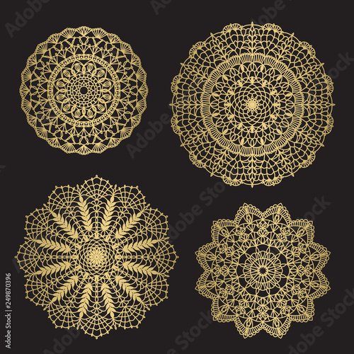 Gold color round abstract ethnic ornament mandalas