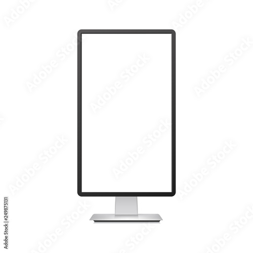 Realistic vertical TV monitor mockup with white screen. Vector.