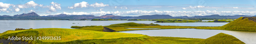 Panoramic view of lake Myvatn and pseudo craters aka volcanic near Skutustadir on Iceland, summer time