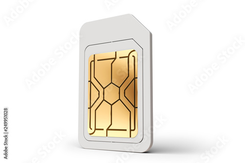 One white sim card standing isolated on white background. 3D rendering