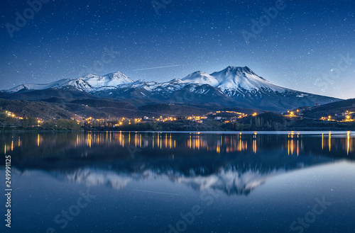 natural background with snow-covered volcano, starry sky with Milky way and reflection in a mountain lake