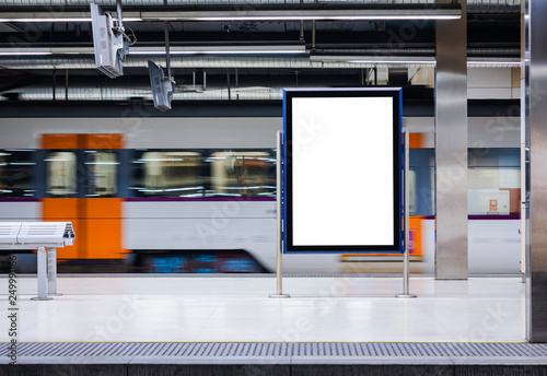 Mock up Board Banner Poster in Subway Train station Blur Train moving background