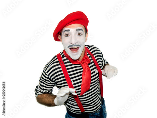 surprised mim with red suspenders isolated on white background