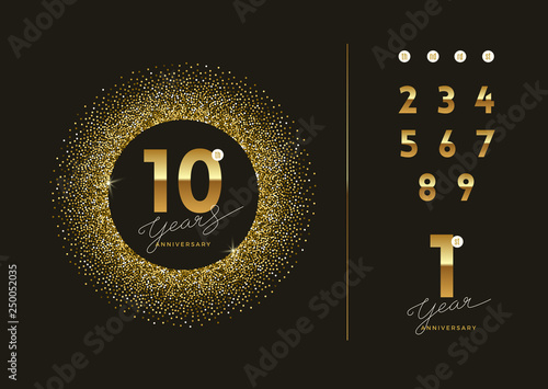 Anniversary golden logo with glitter gold frame. There is additional elements for compilation any dates. Vector illustration.