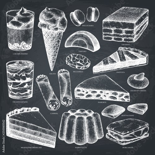 Hand drawn baking and pastries illustrations. Vector Italian desserts drawing. Traditional sweet food sketches for cafe or restaurant menu design. 