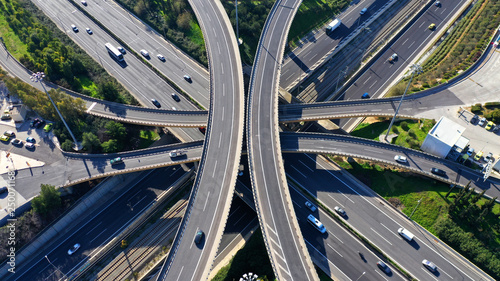 Aerial drone photo of highway multilevel junction interchange crossing road 