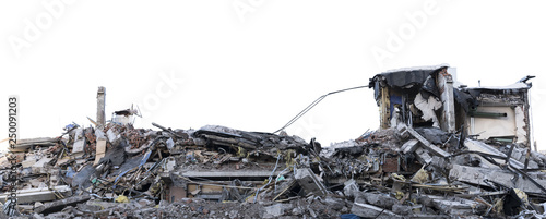 Ruined building. A pile of concrete, rubble and reinforcement debris isolated on a white background.