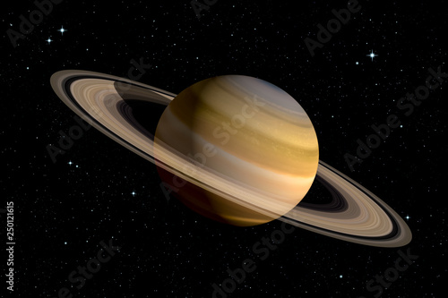 Realistic 3d rendering of Saturn planet with With its rings. Space illustration. Some elements furnished by NASA.