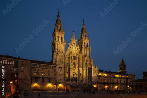 Santiago de Compostela Cathedral view at night. Cathedral of Saint James pilgrimage. Obradoiro square, Galicia, Spain