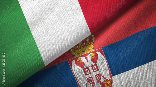 Italy and Serbia two flags textile cloth, fabric texture