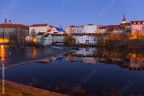 Night winter royal medieval Town Pisek above the river Otava, Czech Republic 
