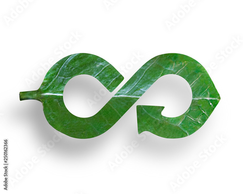 Green Eco-friendly and circular economy concept, leaf in form of arrow infinity recycling shape, isolated on white background.