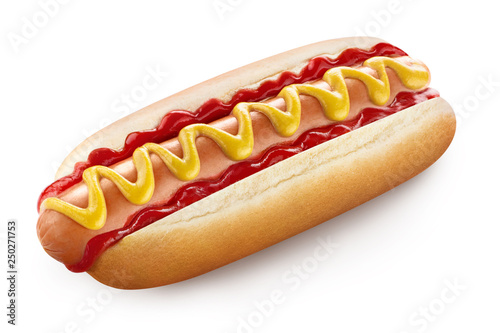 Delicious hot dog with ketchup and mustard, isolated on white background