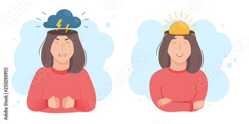 Inside woman’s head concept. Good and bad mood. Sun or clouds in place of brain. Girl happy or angry, pre menstrual syndrome PMS sign. Vector illustration isolated on white