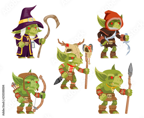 Evil goblins pack dungeon dark wood tribe monster minion army fantasy medieval action RPG game characters isolated icons set vector illustration