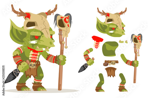 Shaman goblin dungeon dark wood monster evil minion fantasy medieval action RPG game character layered animation ready character vector illustration