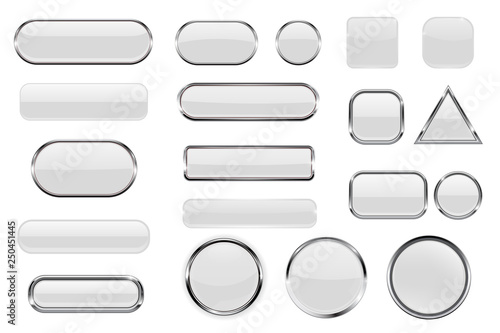 White glass buttons. Collection of 3d icons with and without chrome frame