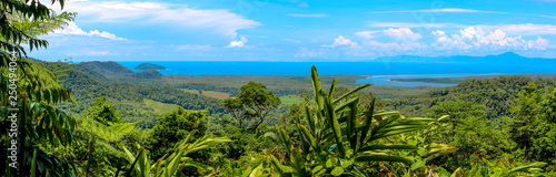 panoramic view over the australian rainforest with river and coastline, cairns australia