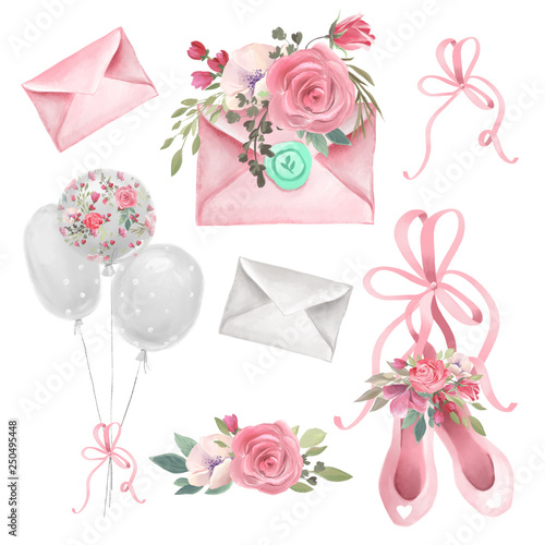 Watercolor illustrations ballet, ballerina theme - ballet shoes, envelopes (mails, letters), flowers and balloons