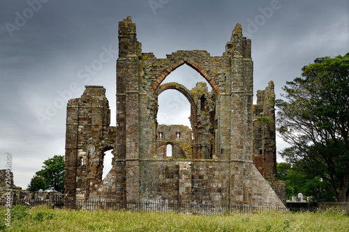 Back of Lindisfarne church ruins of the medieval priory on Holy Island of Lindisfarne Berwick-upon-Tweed England UK