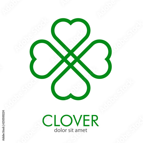 Logotipo abstracto con texto CLOVER con trébol lineal entrelazado de 4 hojas en color verde