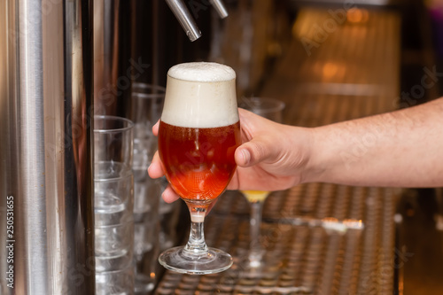 innkeeper delivers a drawn glass of beer