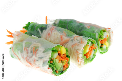 close up on fresh spring roll isolated on white background