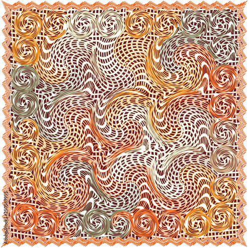 Tapestry with grunge striped and swirled pattern in orange,green,brown colors with fringe isolated on white
