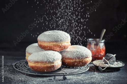 Delicious and sweet donuts with powdered sugar
