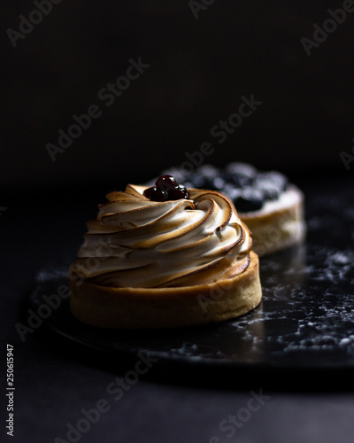 Two little tarts on the plate with cream and berries in low key style photography