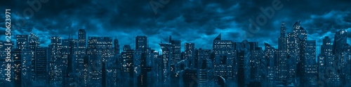 Science fiction city night panorama / 3D illustration of dark futuristic sci-fi city under dark cloudy night sky