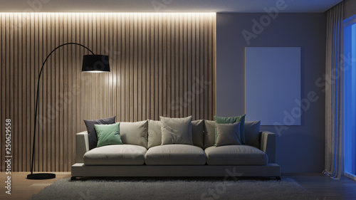 Modern house interior. Night. Evening lighting. 3D rendering.