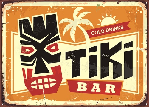 Tiki bar vintage tin sign with Hawaiian tiki mask and creative typography. Food and drink cafe advertisement sign. Hawaii vacation souvenir.