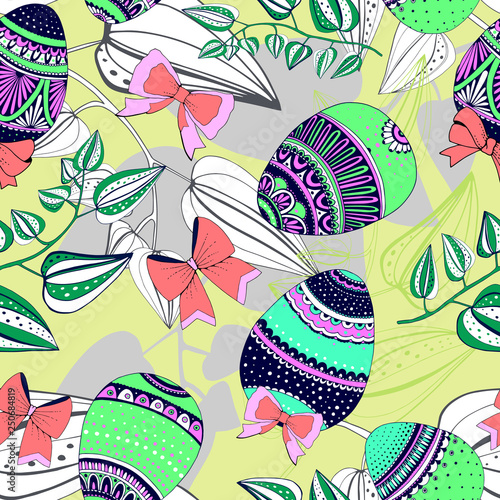 Floral seamless pattern with eggs, and stylized flowers. Endless texture for spring design, decoration, greeting cards, posters, invitations