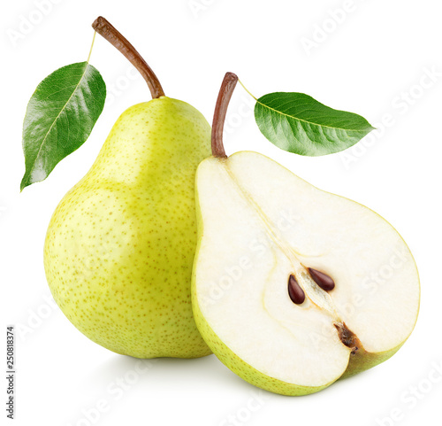 Green yellow pear fruit with pear half and green leaves isolated on white background with clipping path. Full depth of field.
