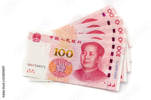 Hundred Chinese Yuan banknotes on white background, paper money, Bank of China, Financial system of China