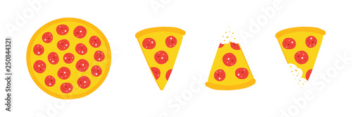 Set, collection of vector pepperoni pizza slices and whole pizza isolated on white background.