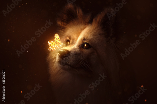 Hund mit leuchtendem Schmetterling auf der Nase